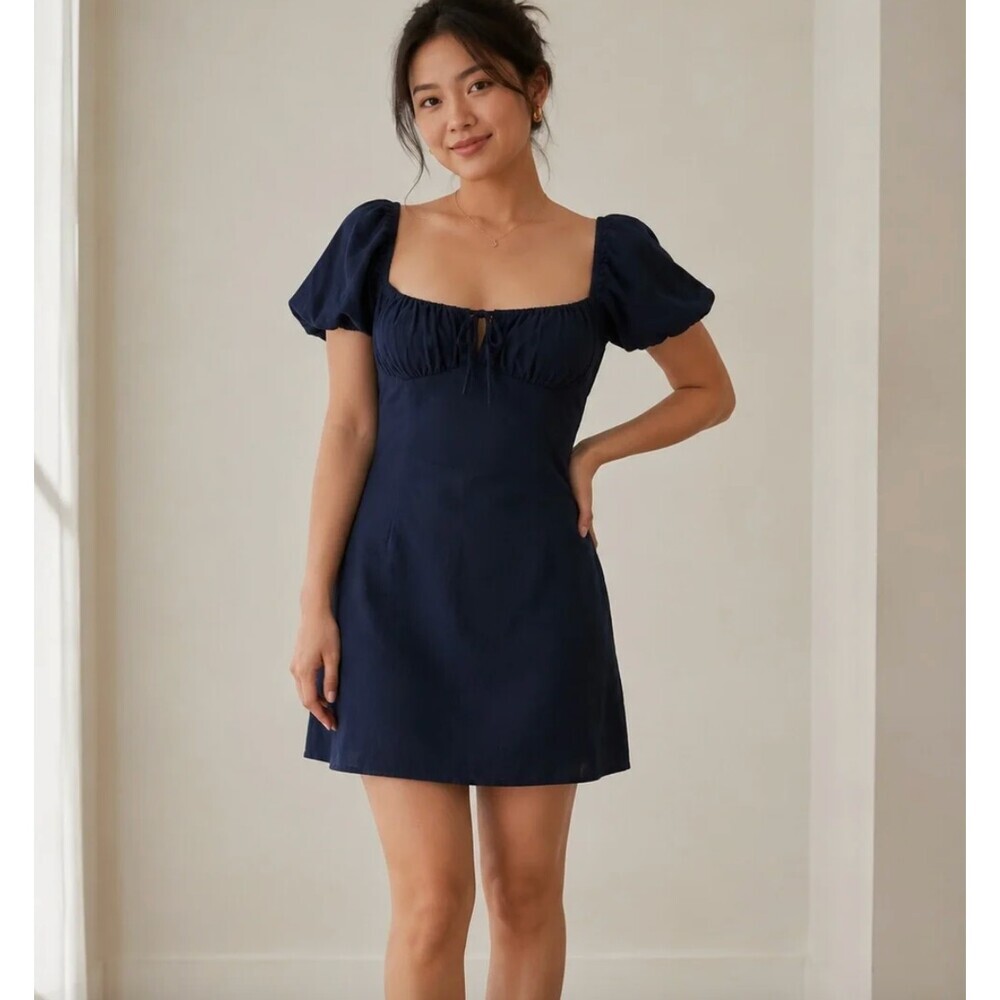 Aritzia Sunday Best Delilah Mini Dress Puff Sleeves in Navy Size Medium